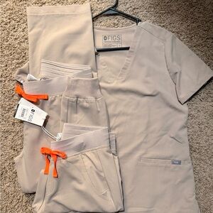 FIGS Taupe Scrub Set with Bright Orange Drawstrings